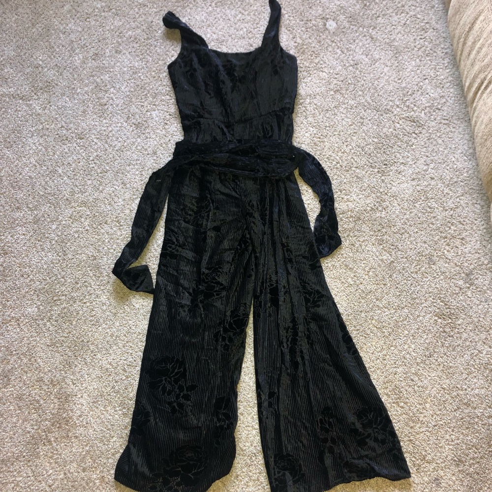 Anthropologie black velvet floral jumpsuit